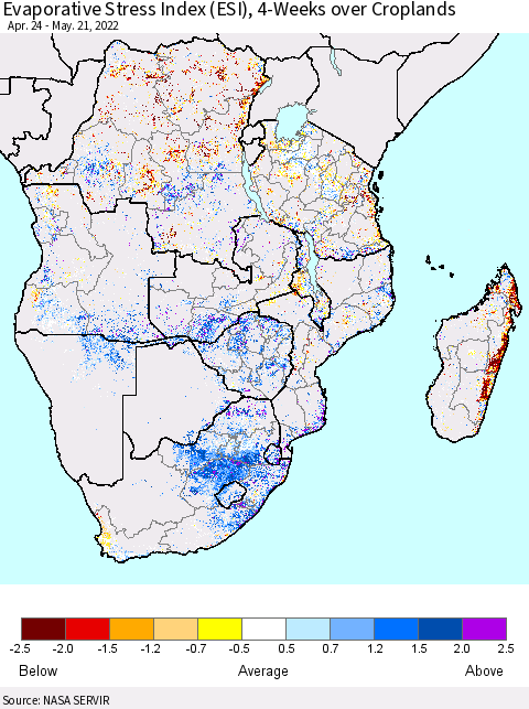 Southern Africa Evaporative Stress Index (ESI), 4-Weeks over Croplands Thematic Map For 5/16/2022 - 5/22/2022