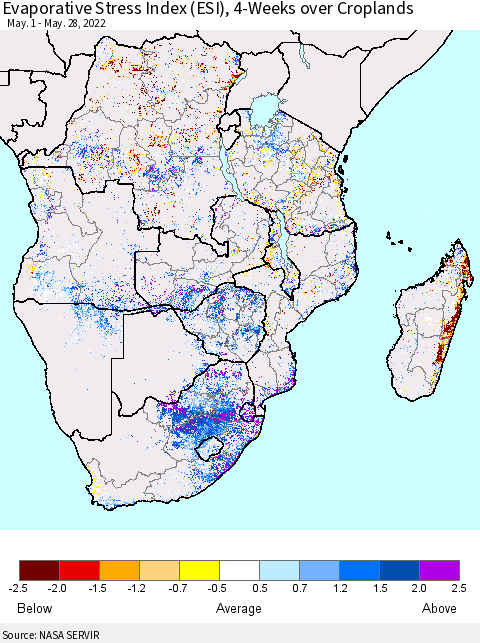 Southern Africa Evaporative Stress Index (ESI), 4-Weeks over Croplands Thematic Map For 5/23/2022 - 5/29/2022