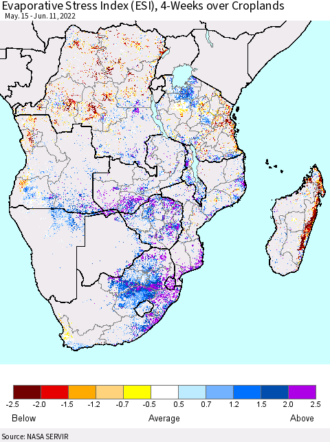 Southern Africa Evaporative Stress Index (ESI), 4-Weeks over Croplands Thematic Map For 6/6/2022 - 6/12/2022