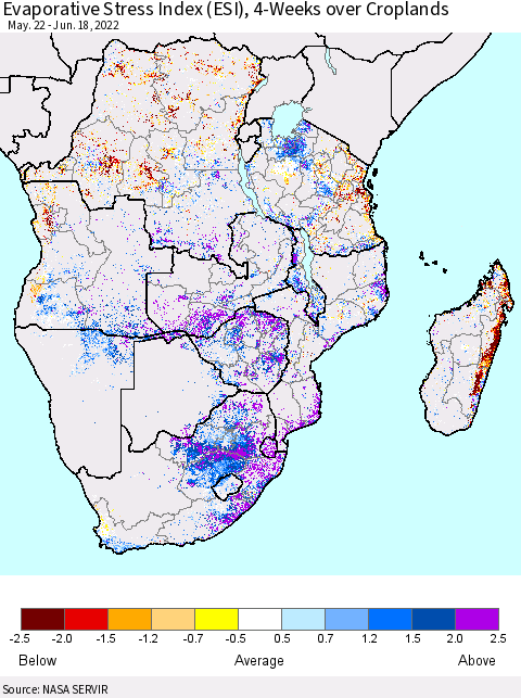 Southern Africa Evaporative Stress Index (ESI), 4-Weeks over Croplands Thematic Map For 6/13/2022 - 6/19/2022