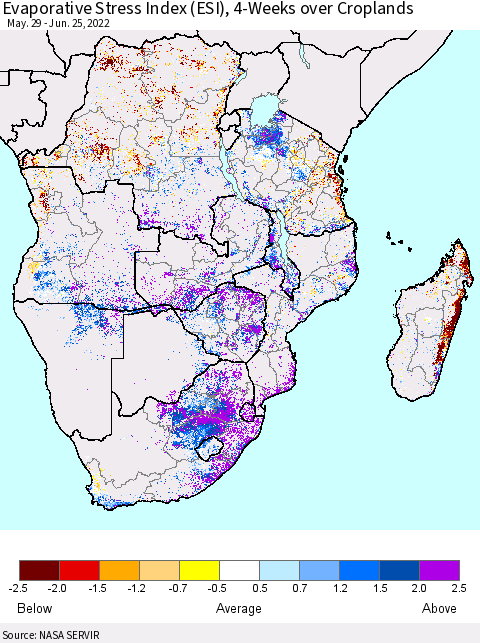 Southern Africa Evaporative Stress Index (ESI), 4-Weeks over Croplands Thematic Map For 6/20/2022 - 6/26/2022