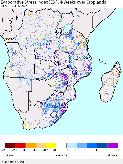 Southern Africa Evaporative Stress Index (ESI), 4-Weeks over Croplands Thematic Map For 7/11/2022 - 7/17/2022