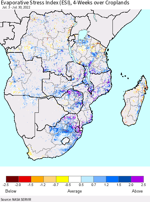 Southern Africa Evaporative Stress Index (ESI), 4-Weeks over Croplands Thematic Map For 7/25/2022 - 7/31/2022