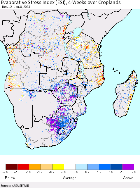 Southern Africa Evaporative Stress Index (ESI), 4-Weeks over Croplands Thematic Map For 1/2/2023 - 1/8/2023