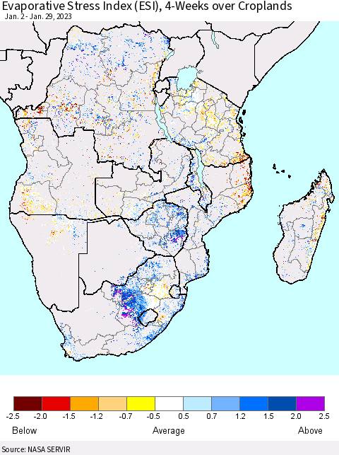 Southern Africa Evaporative Stress Index (ESI), 4-Weeks over Croplands Thematic Map For 1/23/2023 - 1/29/2023