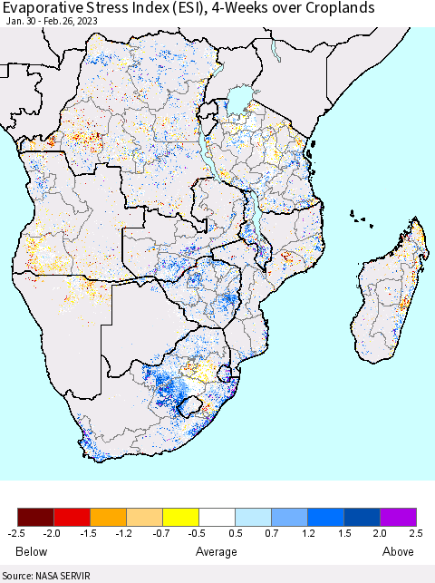 Southern Africa Evaporative Stress Index (ESI), 4-Weeks over Croplands Thematic Map For 2/20/2023 - 2/26/2023