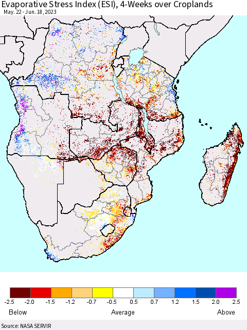 Southern Africa Evaporative Stress Index (ESI), 4-Weeks over Croplands Thematic Map For 6/12/2023 - 6/18/2023