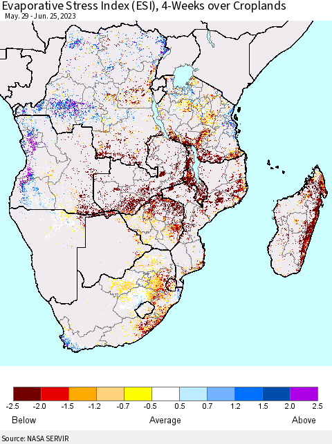 Southern Africa Evaporative Stress Index (ESI), 4-Weeks over Croplands Thematic Map For 6/19/2023 - 6/25/2023