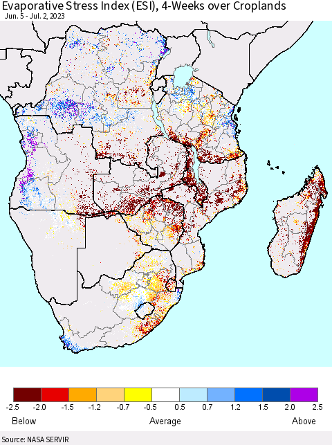Southern Africa Evaporative Stress Index (ESI), 4-Weeks over Croplands Thematic Map For 6/26/2023 - 7/2/2023
