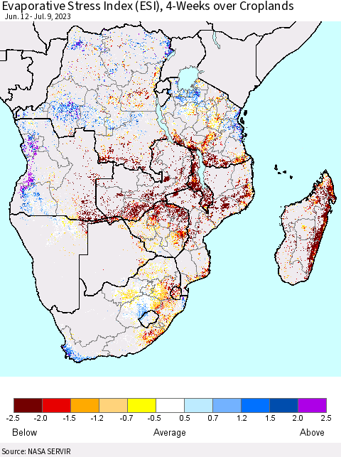 Southern Africa Evaporative Stress Index (ESI), 4-Weeks over Croplands Thematic Map For 7/3/2023 - 7/9/2023