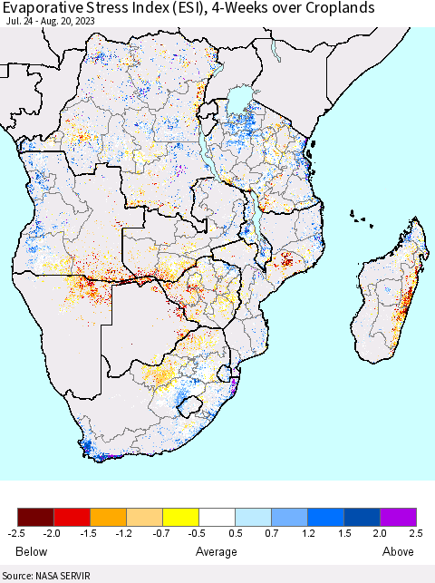 Southern Africa Evaporative Stress Index (ESI), 4-Weeks over Croplands Thematic Map For 8/14/2023 - 8/20/2023