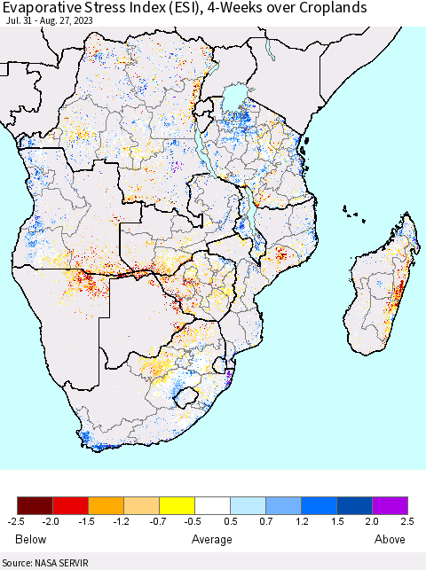 Southern Africa Evaporative Stress Index (ESI), 4-Weeks over Croplands Thematic Map For 8/21/2023 - 8/27/2023