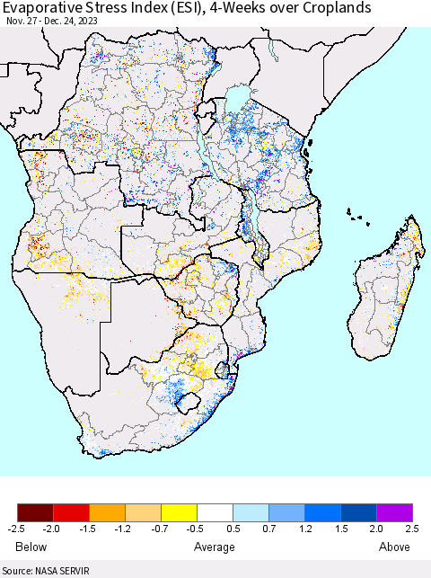 Southern Africa Evaporative Stress Index (ESI), 4-Weeks over Croplands Thematic Map For 12/18/2023 - 12/24/2023