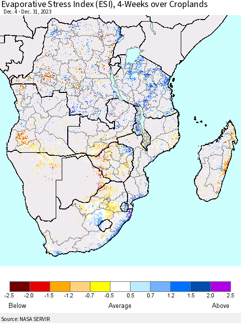 Southern Africa Evaporative Stress Index (ESI), 4-Weeks over Croplands Thematic Map For 12/25/2023 - 12/31/2023