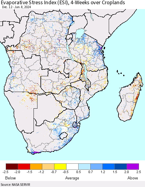 Southern Africa Evaporative Stress Index (ESI), 4-Weeks over Croplands Thematic Map For 1/8/2024 - 1/14/2024