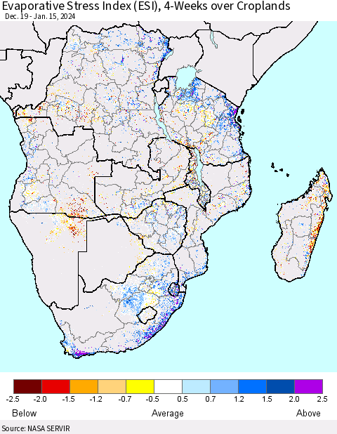Southern Africa Evaporative Stress Index (ESI), 4-Weeks over Croplands Thematic Map For 1/15/2024 - 1/21/2024