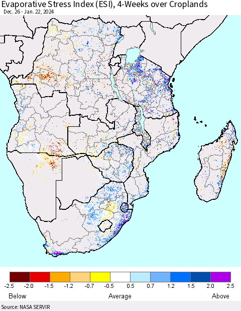 Southern Africa Evaporative Stress Index (ESI), 4-Weeks over Croplands Thematic Map For 1/22/2024 - 1/28/2024