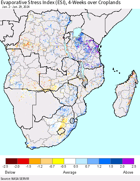 Southern Africa Evaporative Stress Index (ESI), 4-Weeks over Croplands Thematic Map For 1/29/2024 - 2/4/2024