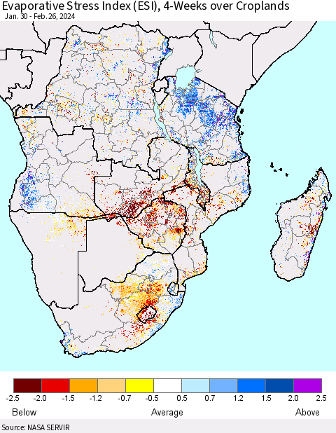 Southern Africa Evaporative Stress Index (ESI), 4-Weeks over Croplands Thematic Map For 2/26/2024 - 3/3/2024