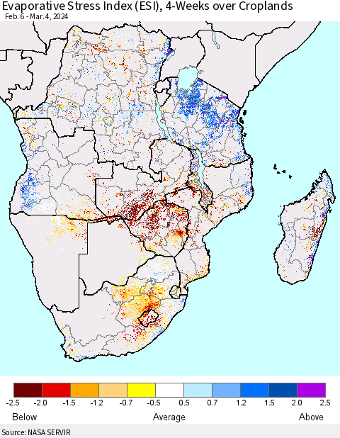 Southern Africa Evaporative Stress Index (ESI), 4-Weeks over Croplands Thematic Map For 3/4/2024 - 3/10/2024