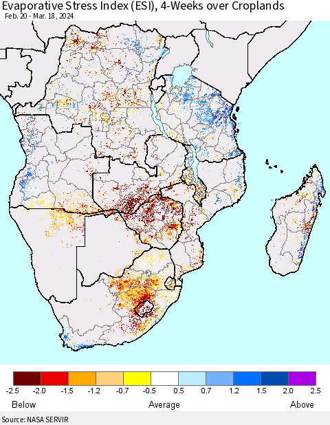 Southern Africa Evaporative Stress Index (ESI), 4-Weeks over Croplands Thematic Map For 3/18/2024 - 3/24/2024