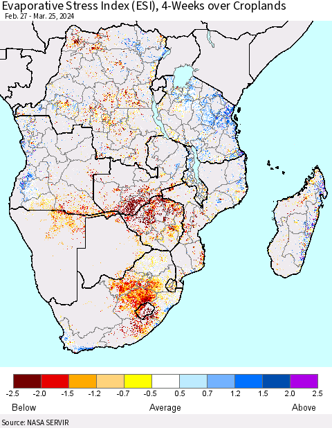 Southern Africa Evaporative Stress Index (ESI), 4-Weeks over Croplands Thematic Map For 3/25/2024 - 3/31/2024