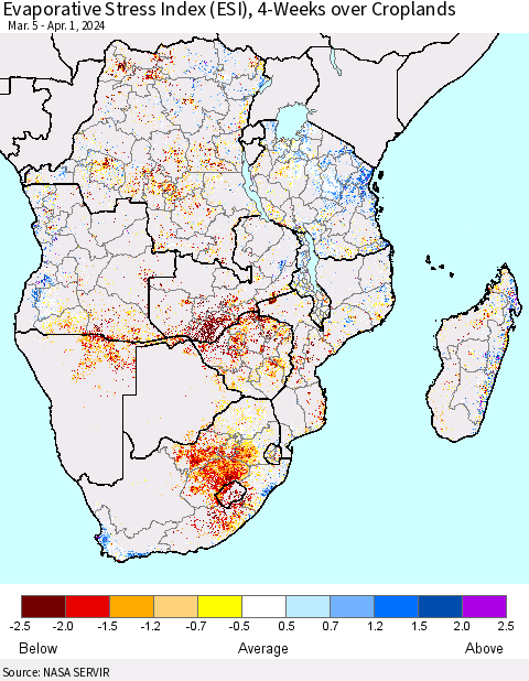 Southern Africa Evaporative Stress Index (ESI), 4-Weeks over Croplands Thematic Map For 4/1/2024 - 4/7/2024