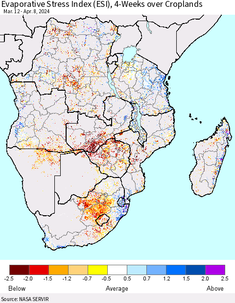 Southern Africa Evaporative Stress Index (ESI), 4-Weeks over Croplands Thematic Map For 4/8/2024 - 4/14/2024