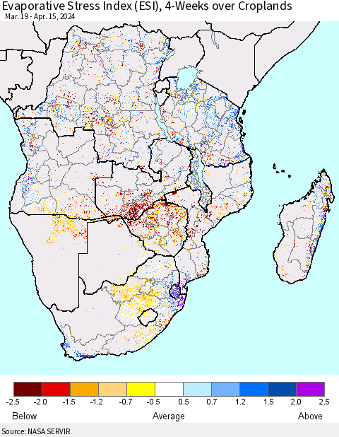 Southern Africa Evaporative Stress Index (ESI), 4-Weeks over Croplands Thematic Map For 4/15/2024 - 4/21/2024