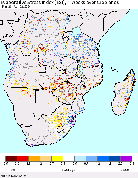 Southern Africa Evaporative Stress Index (ESI), 4-Weeks over Croplands Thematic Map For 4/22/2024 - 4/28/2024