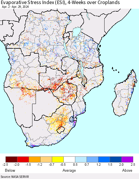 Southern Africa Evaporative Stress Index (ESI), 4-Weeks over Croplands Thematic Map For 4/29/2024 - 5/5/2024