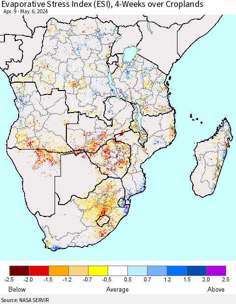 Southern Africa Evaporative Stress Index (ESI), 4-Weeks over Croplands Thematic Map For 5/6/2024 - 5/12/2024