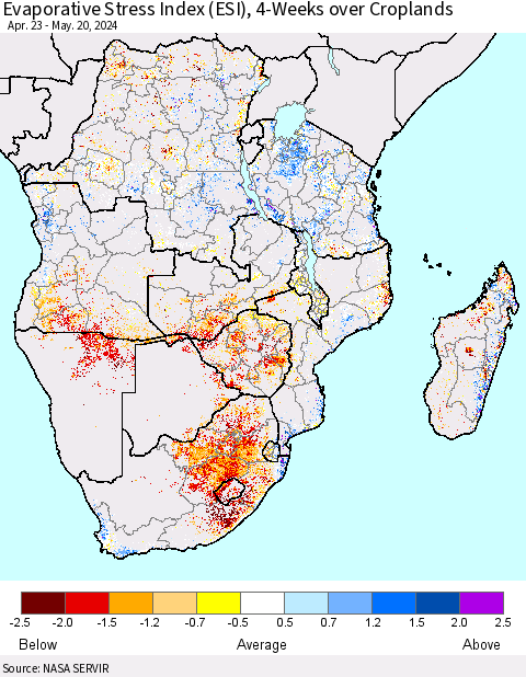 Southern Africa Evaporative Stress Index (ESI), 4-Weeks over Croplands Thematic Map For 5/20/2024 - 5/26/2024