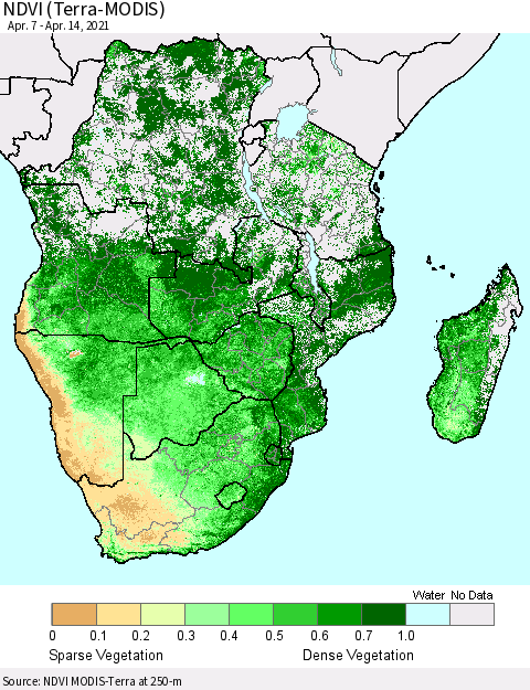 Southern Africa NDVI (Terra-MODIS) Thematic Map For 4/7/2021 - 4/14/2021