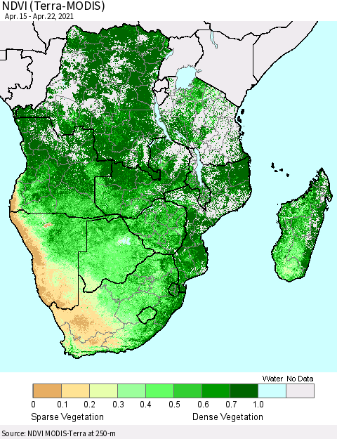 Southern Africa NDVI (Terra-MODIS) Thematic Map For 4/15/2021 - 4/22/2021