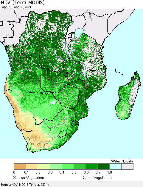 Southern Africa NDVI (Terra-MODIS) Thematic Map For 4/23/2021 - 4/30/2021