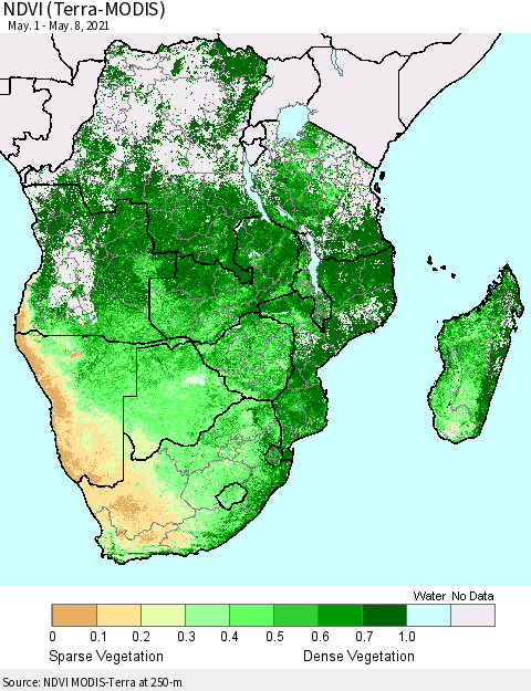 Southern Africa NDVI (Terra-MODIS) Thematic Map For 5/1/2021 - 5/8/2021