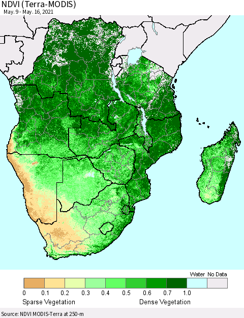 Southern Africa NDVI (Terra-MODIS) Thematic Map For 5/9/2021 - 5/16/2021