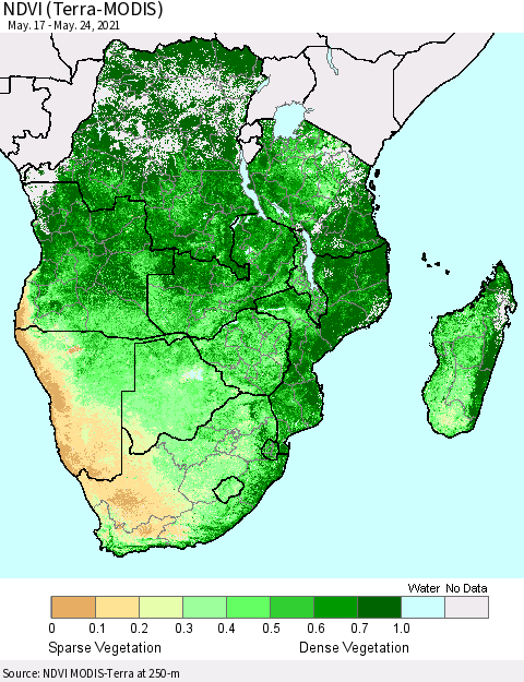 Southern Africa NDVI (Terra-MODIS) Thematic Map For 5/17/2021 - 5/24/2021
