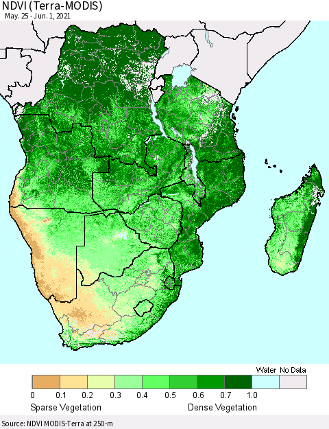 Southern Africa NDVI (Terra-MODIS) Thematic Map For 5/25/2021 - 6/1/2021