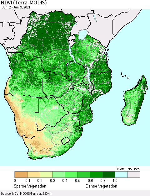 Southern Africa NDVI (Terra-MODIS) Thematic Map For 6/2/2021 - 6/9/2021