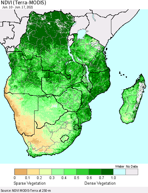 Southern Africa NDVI (Terra-MODIS) Thematic Map For 6/10/2021 - 6/17/2021