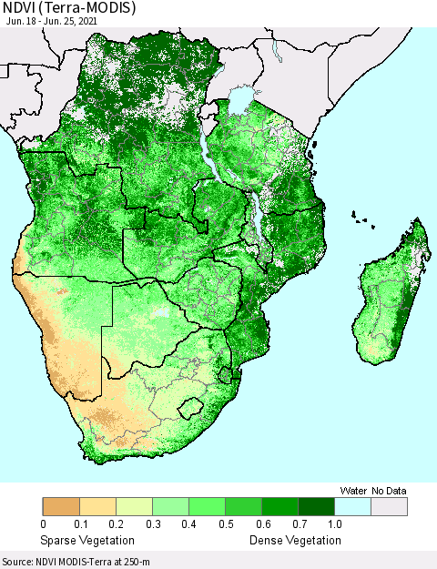 Southern Africa NDVI (Terra-MODIS) Thematic Map For 6/18/2021 - 6/25/2021