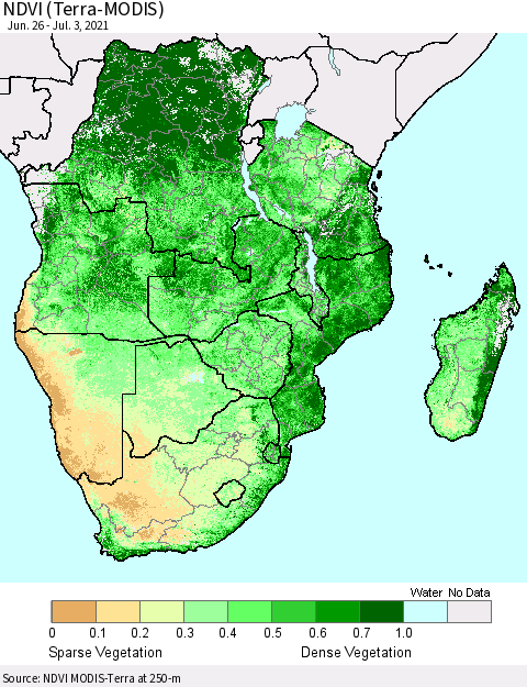 Southern Africa NDVI (Terra-MODIS) Thematic Map For 6/26/2021 - 7/3/2021