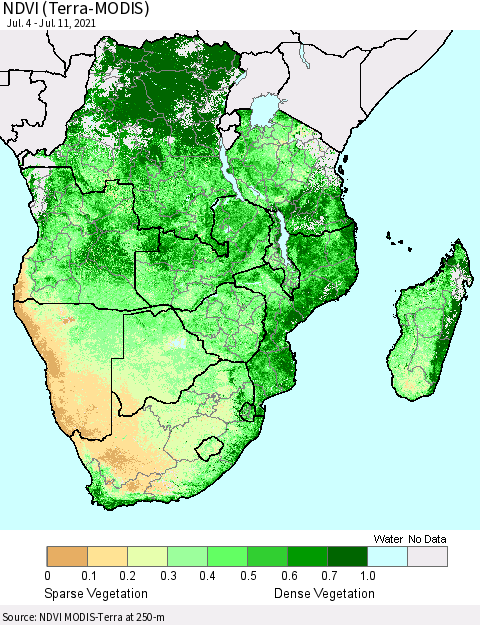 Southern Africa NDVI (Terra-MODIS) Thematic Map For 7/4/2021 - 7/11/2021