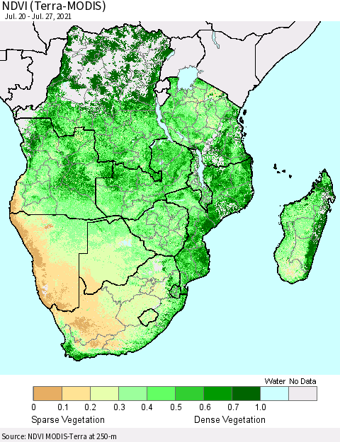 Southern Africa NDVI (Terra-MODIS) Thematic Map For 7/20/2021 - 7/27/2021
