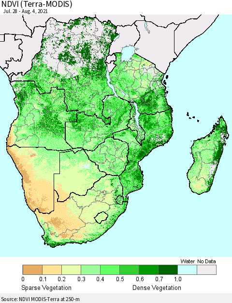 Southern Africa NDVI (Terra-MODIS) Thematic Map For 7/28/2021 - 8/4/2021