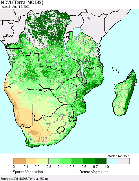 Southern Africa NDVI (Terra-MODIS) Thematic Map For 8/5/2021 - 8/12/2021