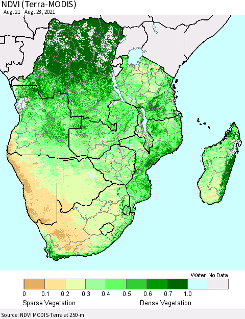 Southern Africa NDVI (Terra-MODIS) Thematic Map For 8/21/2021 - 8/28/2021