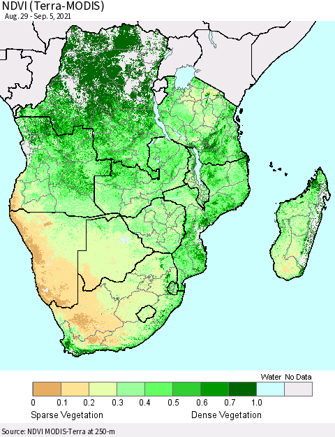 Southern Africa NDVI (Terra-MODIS) Thematic Map For 8/29/2021 - 9/5/2021